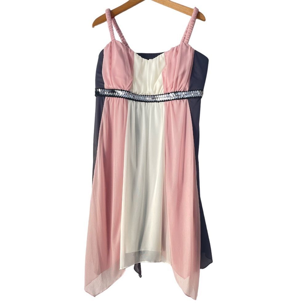 En Focus pink, gray, cream baby doll mini dress, asymmetrical, tank, sequin 16 W